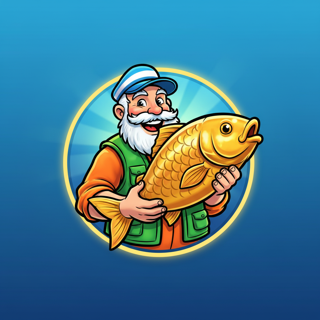 Wild symbol - Fisherman wearing green vest and orange shirt holding golden fish